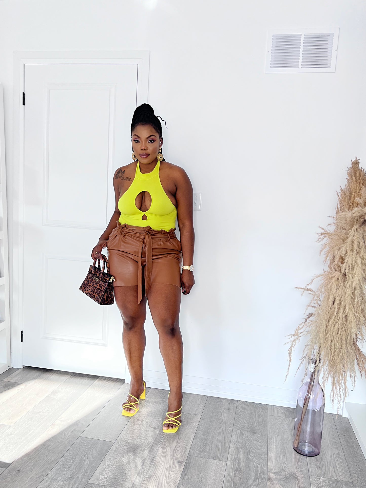 leather shorts in camel