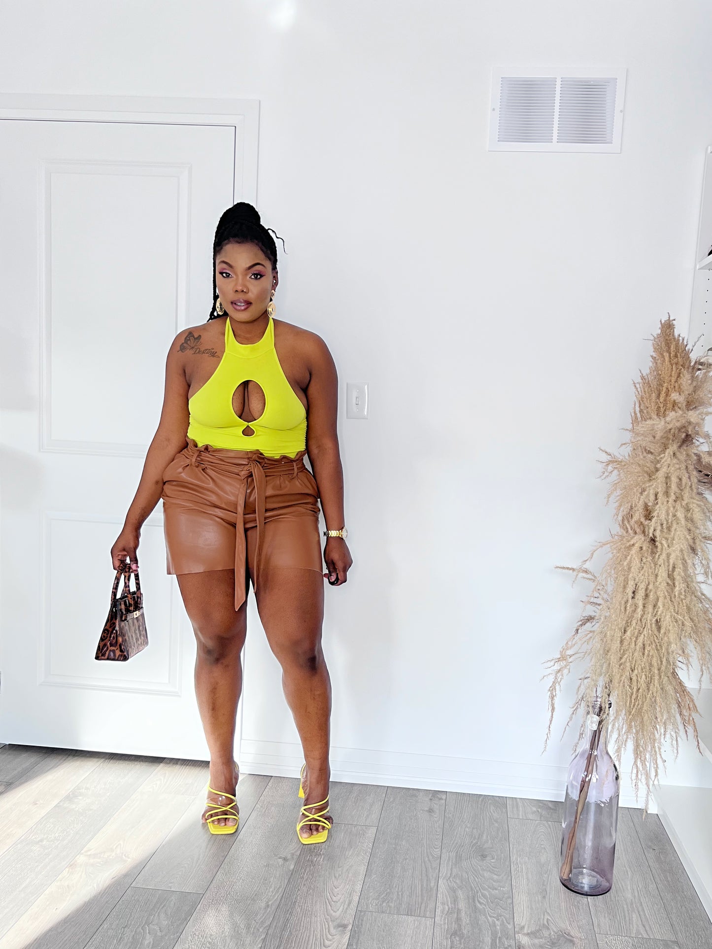 leather shorts in camel